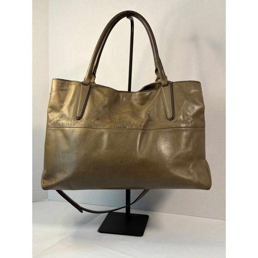 Coach Tote Bag Women Large Olive Green Leather Metallic Shoulder Bag